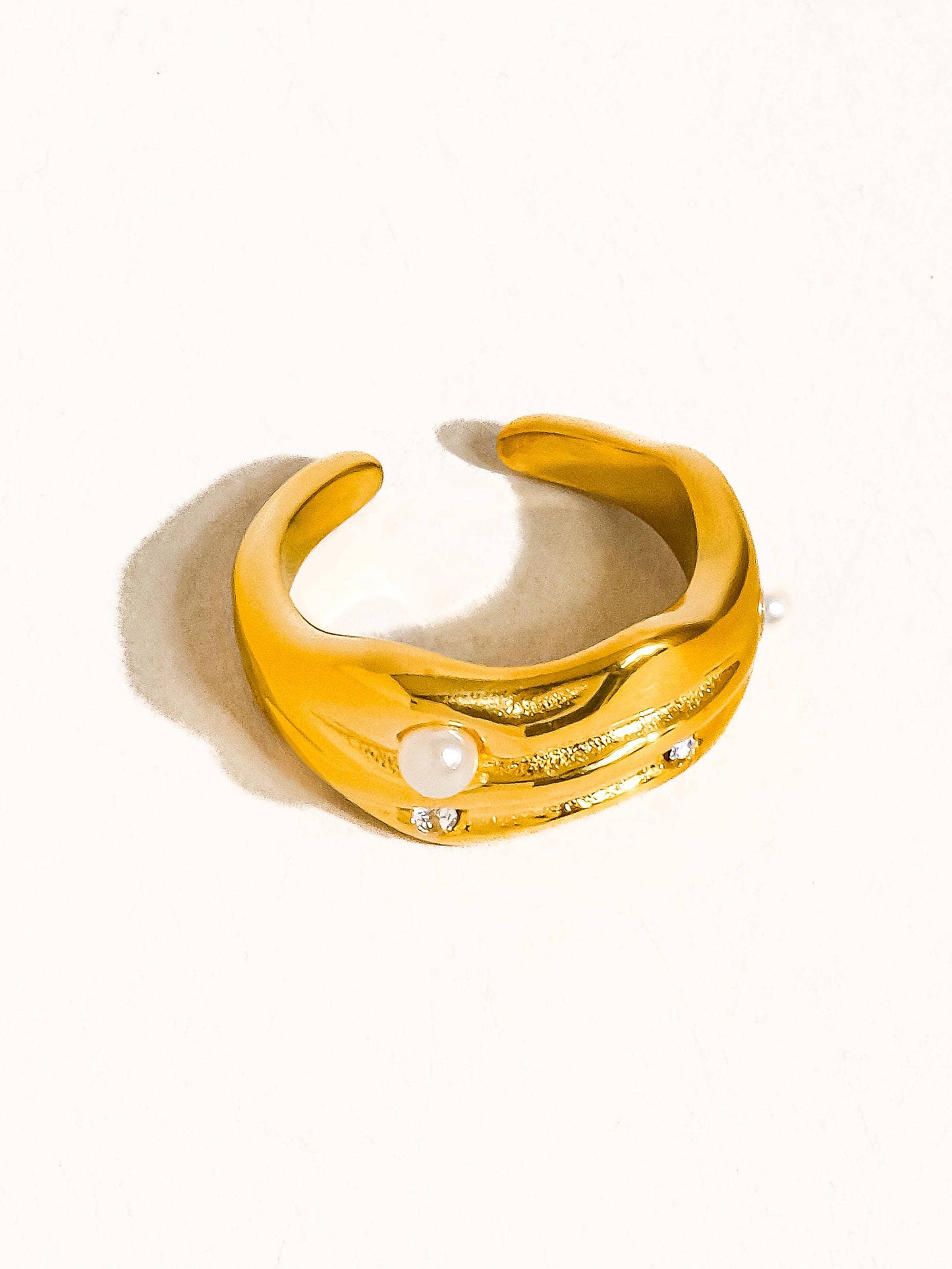 Maple 18K Gold Non-Tarnish Pearl and Rhinestone Ring