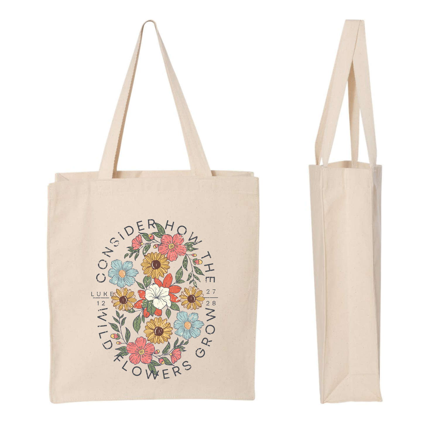 Consider the Wildflowers Floral Scripture Canvas Tote Bag