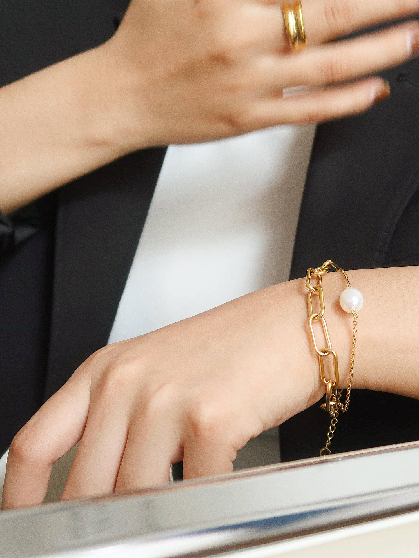 Aether Gold Stacked Chain Pearl Non-Tarnish Bracelet