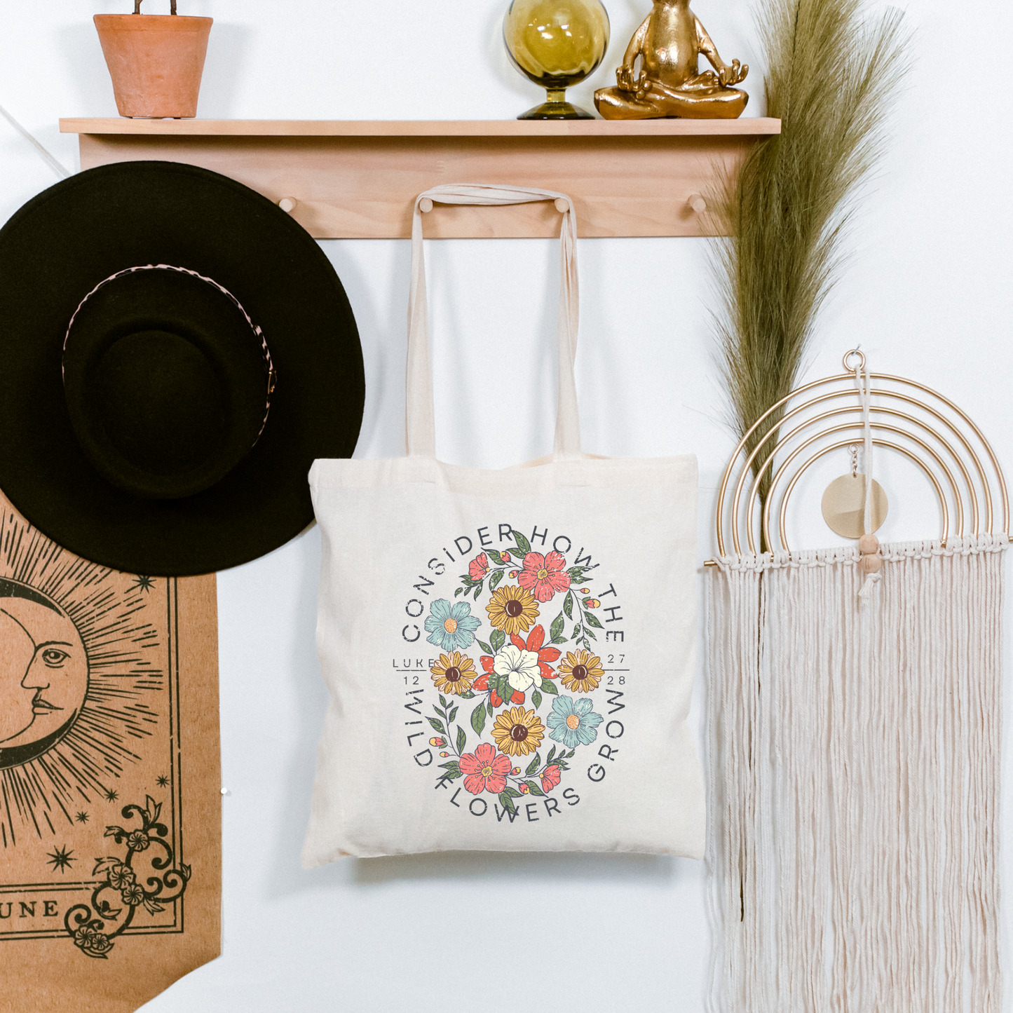 Consider the Wildflowers Floral Scripture Canvas Tote Bag