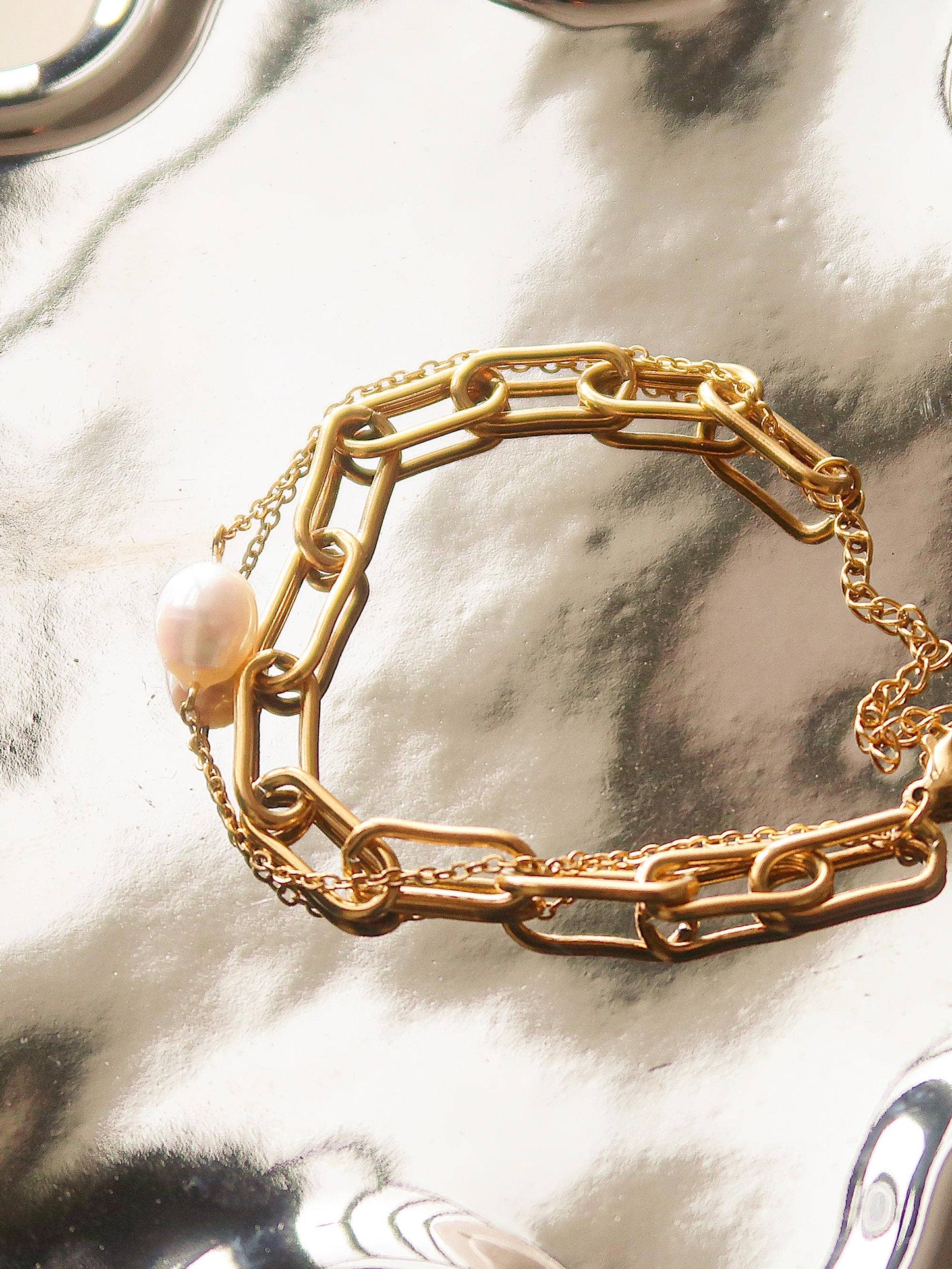 Aether Gold Stacked Chain Pearl Non-Tarnish Bracelet