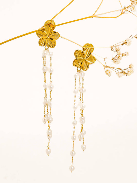 Thalina 18K Gold Non-Tarnish Flower Pearl Dangle Earrings