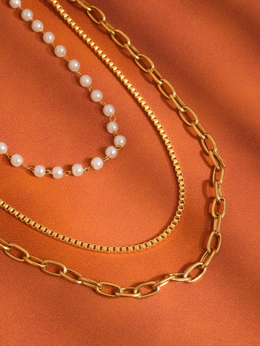 Cadeaux 18K Gold Non-Tarnish Stacked Pearl Chain Necklace