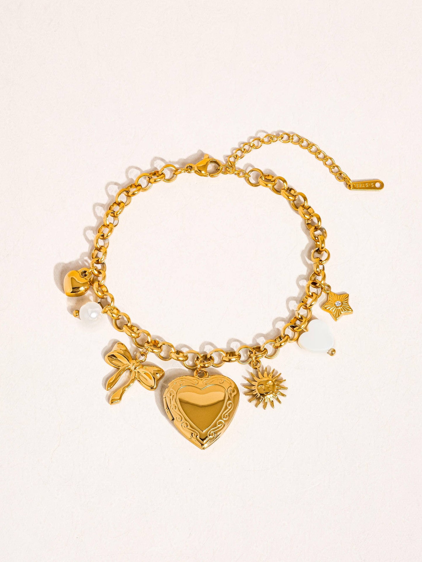 Eydn 18K Non-Tarnish Heart Locket Charm Bracelet