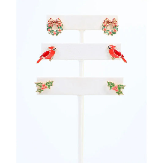 Wreath and Holly Earring Set Gold