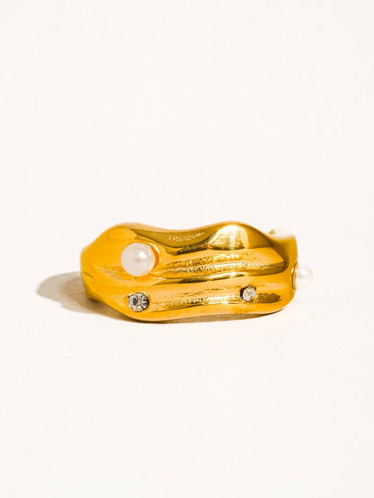 Maple 18K Gold Non-Tarnish Pearl and Rhinestone Ring