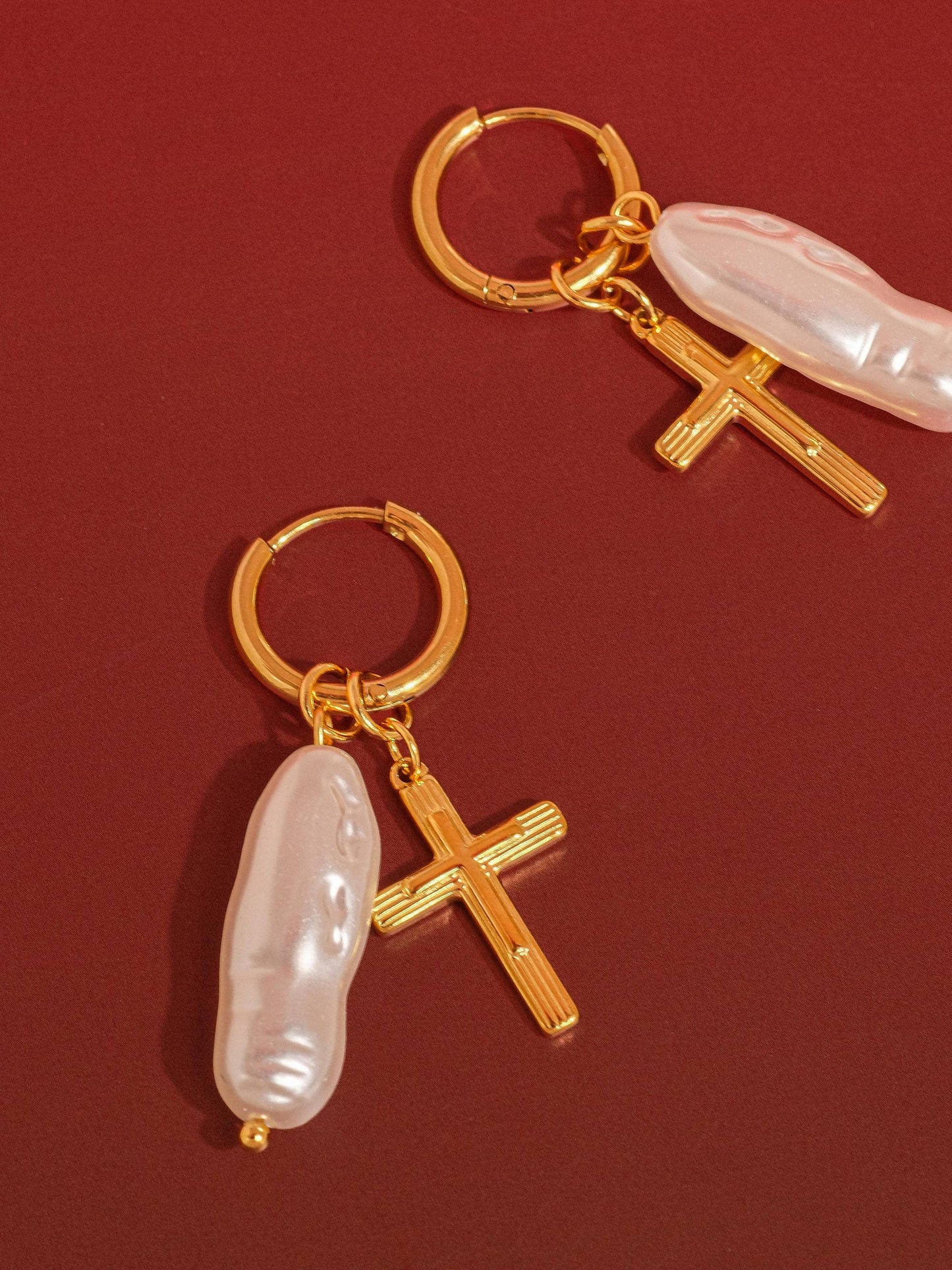 Bréline 18K Gold Non-Tarnish Cross Pearl Drop Earrings