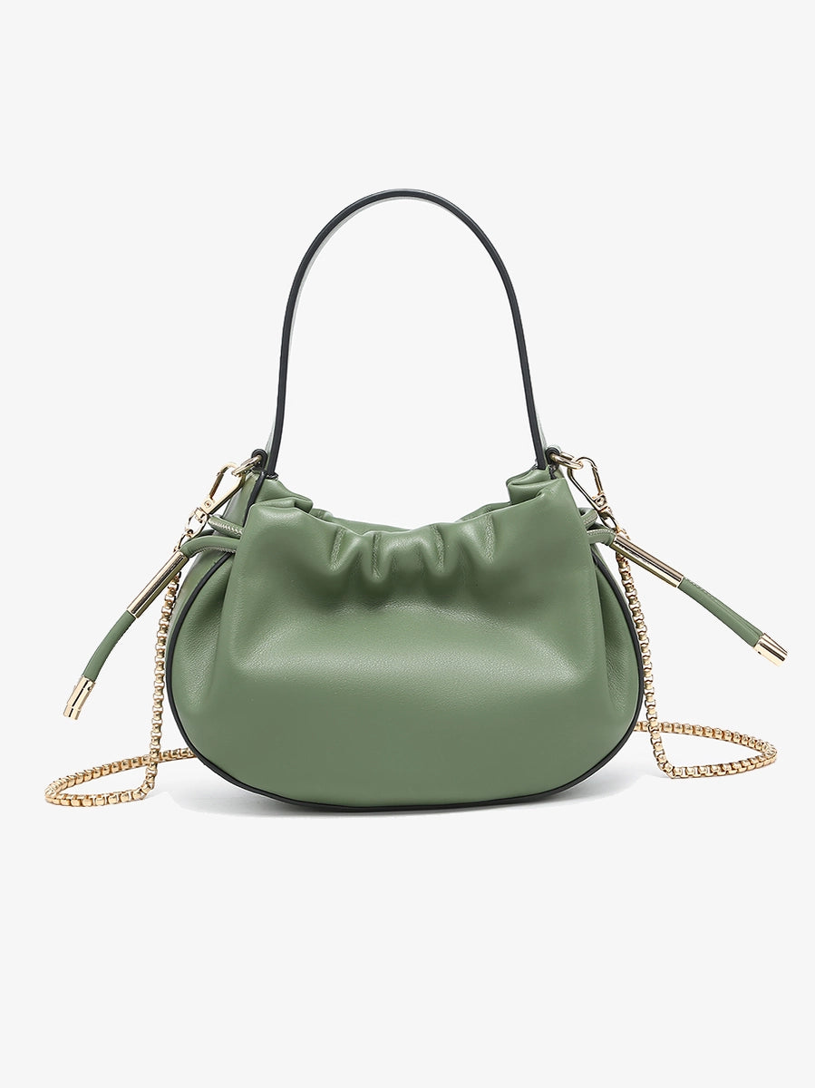 Thalia Ruched Bucket Bag w/ Drawstring and Chain Strap