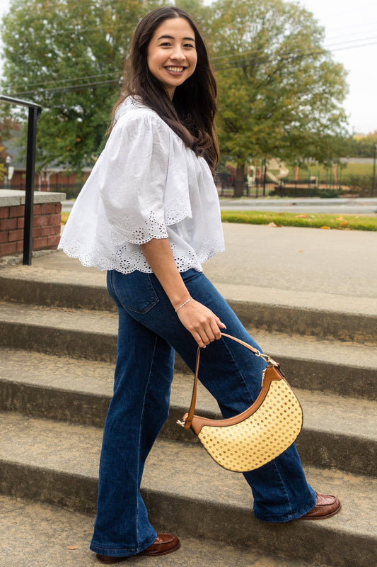 Daisy Half-Moon Rattan Crossbody w/ Contrast