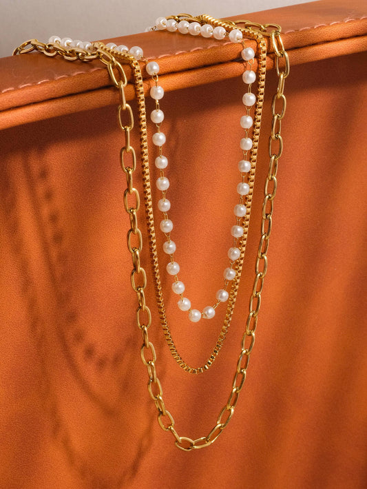 Cadeaux 18K Gold Non-Tarnish Stacked Pearl Chain Necklace