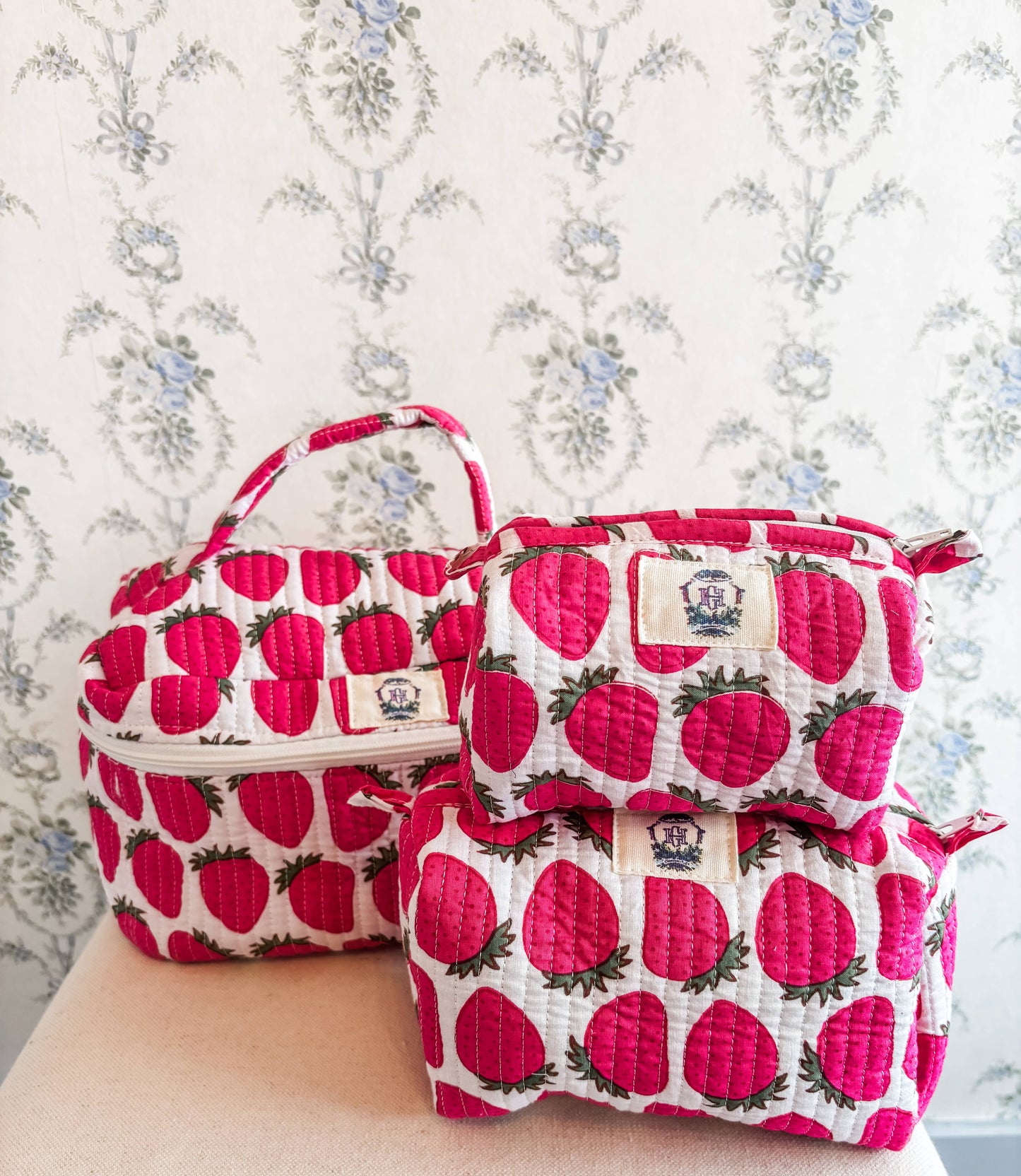 Sassy Strawberry Quilted Cosmetic Bags-set of 3