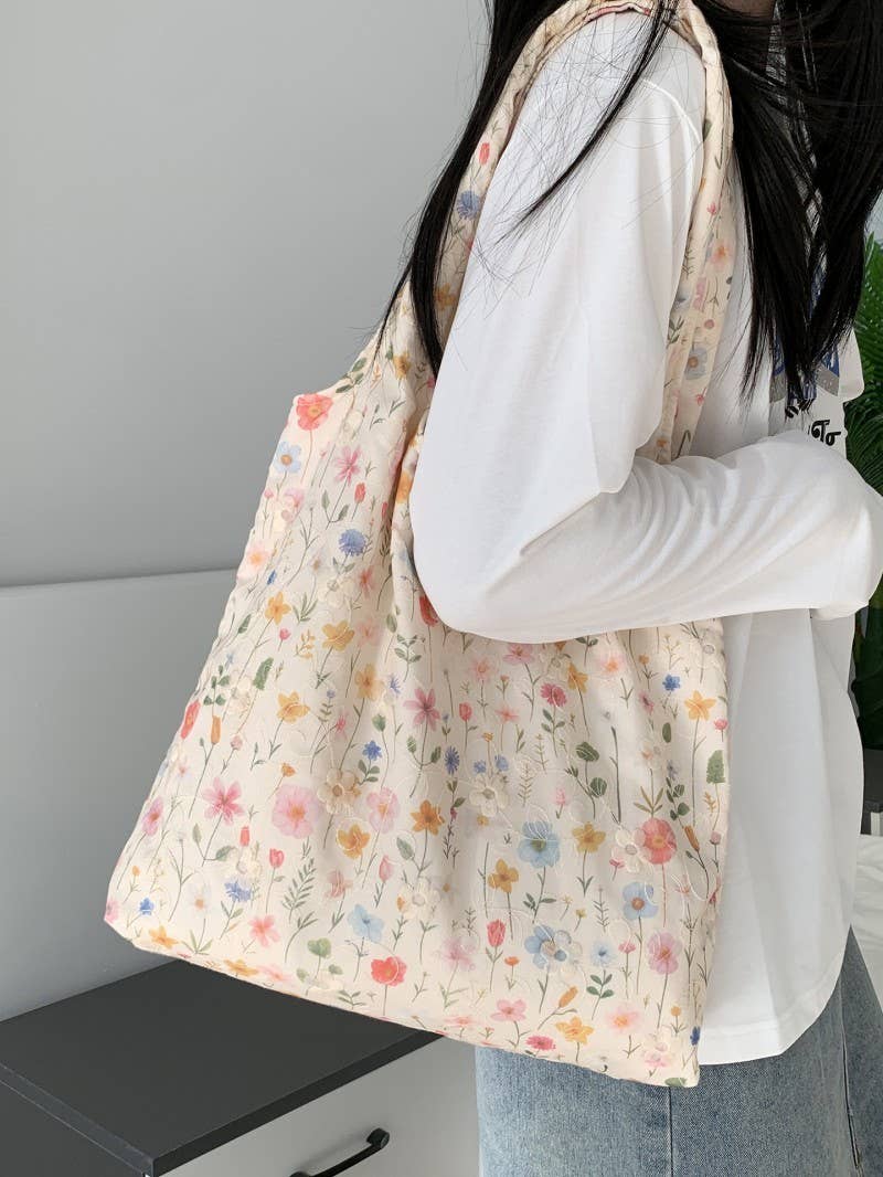 Large Organic Colorful Floral Shoulder Tote Bag