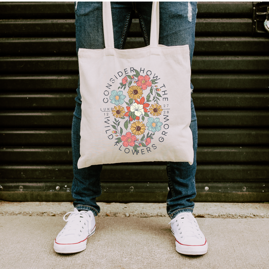 Consider the Wildflowers Floral Scripture Canvas Tote Bag