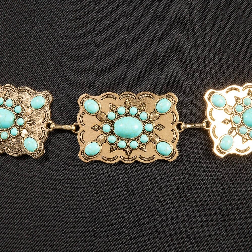 Western Mixed Turquoise Stud Rectangle Concho Chain Belt