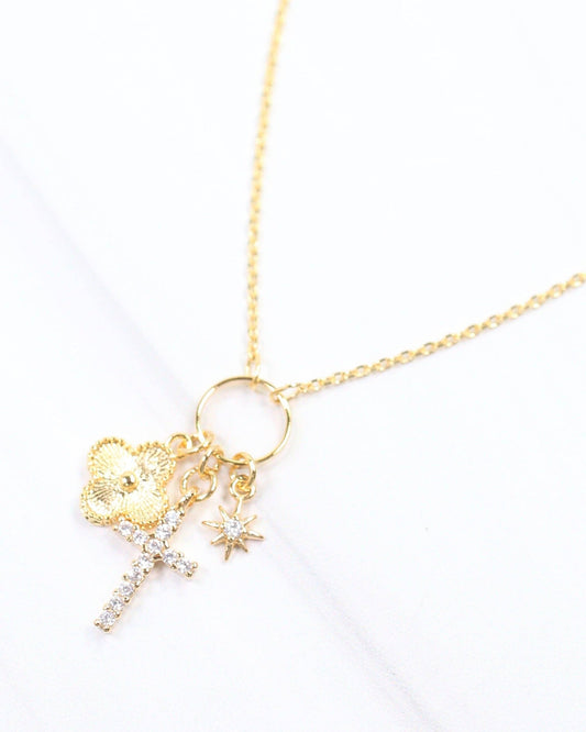 Cassel Cross and Clover Charm Necklace GOLD