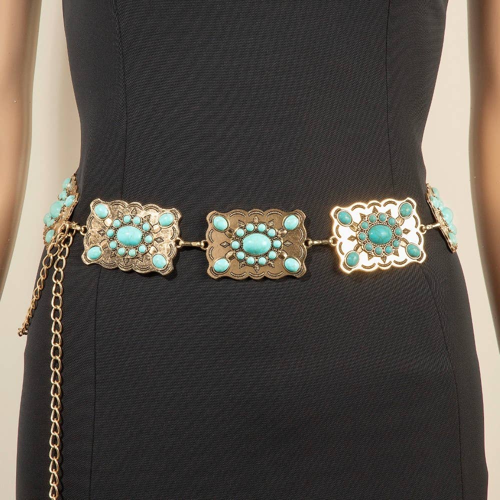 Western Mixed Turquoise Stud Rectangle Concho Chain Belt