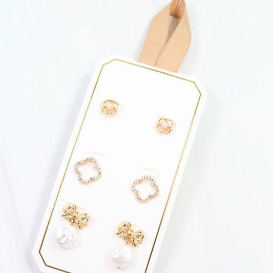 Carraway Clover and Pearl Earring Set Gold