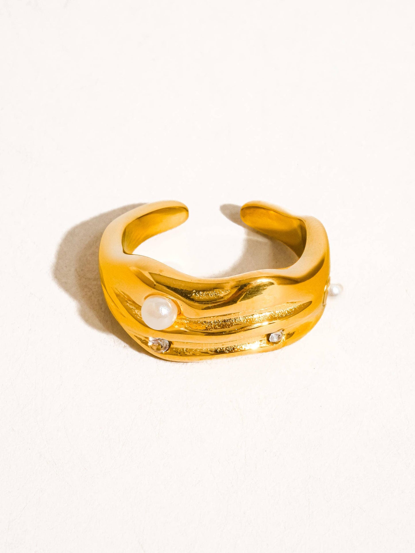 Maple 18K Gold Non-Tarnish Pearl and Rhinestone Ring