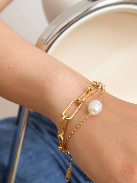Aether Gold Stacked Chain Pearl Non-Tarnish Bracelet
