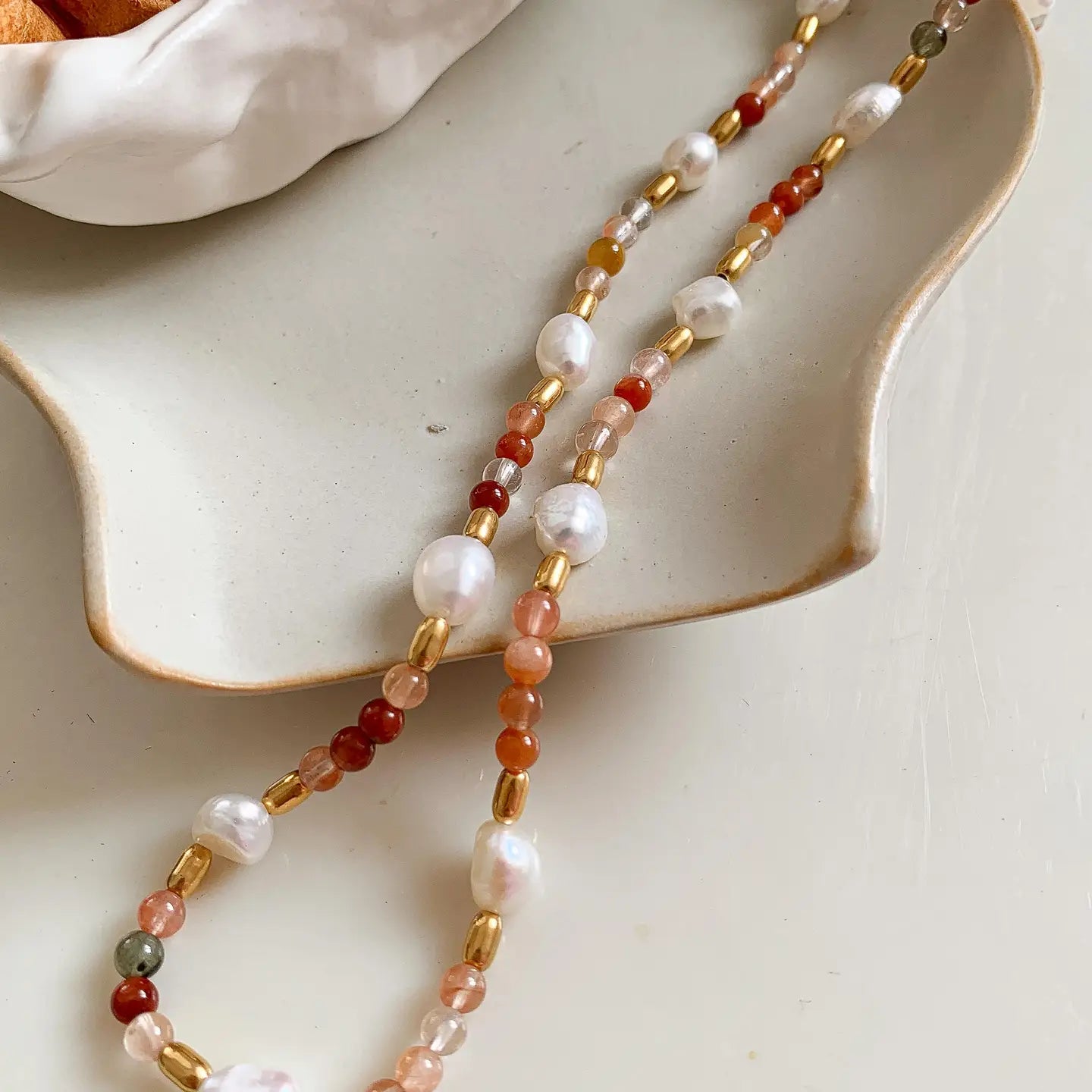 18K Non Tarnish Bohemian Rose Pearl and Bead Necklace