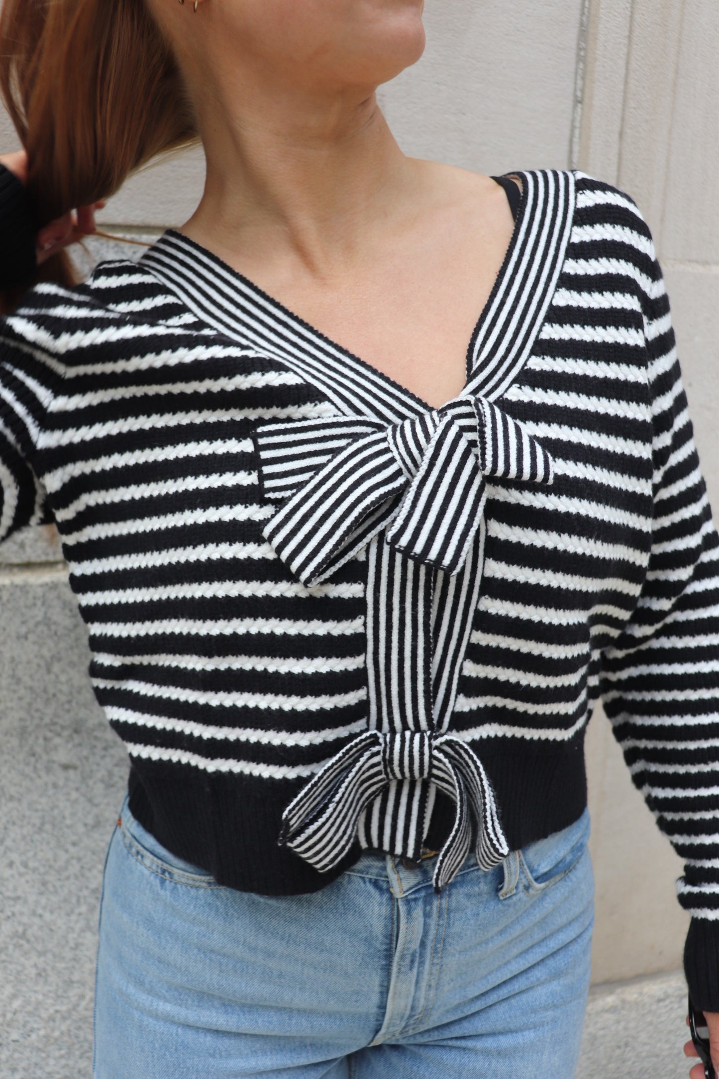 Charming Sweater- V-Neckline Front Bow Detail Striped Sweater