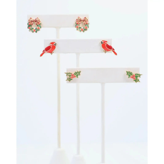 Wreath and Holly Earring Set Gold