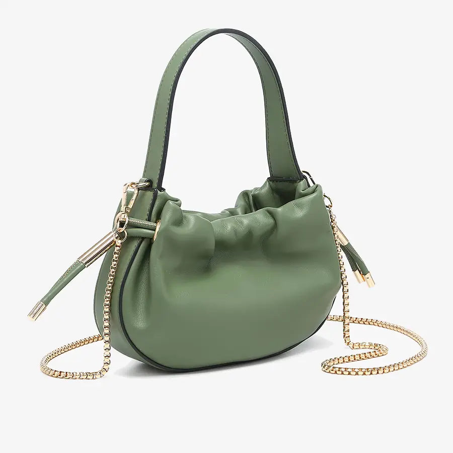 Thalia Ruched Bucket Bag w/ Drawstring and Chain Strap