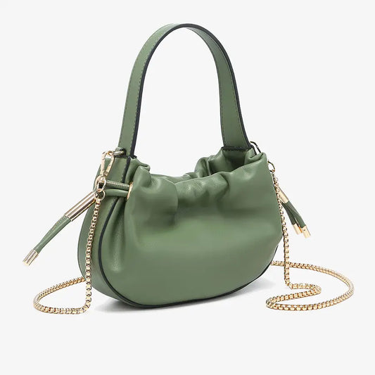 Thalia Ruched Bucket Bag w/ Drawstring and Chain Strap
