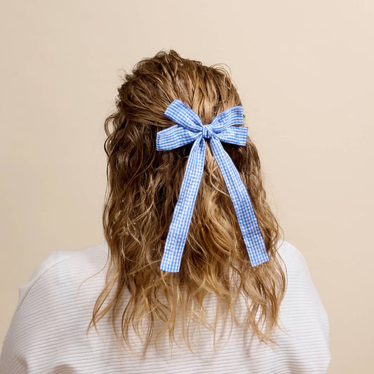 Double Take Hair Bow–Gingham Blue