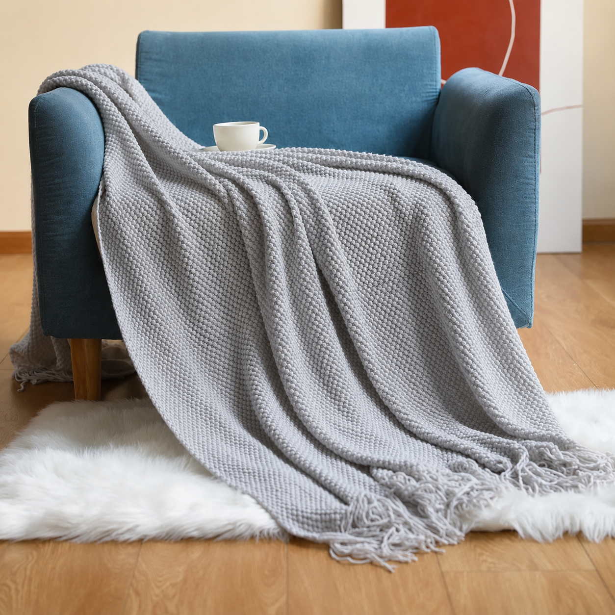 Knit Textured 50"x60" Throw Blanket with Fringe