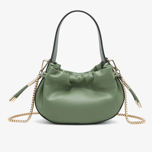 Thalia Ruched Bucket Bag w/ Drawstring and Chain Strap