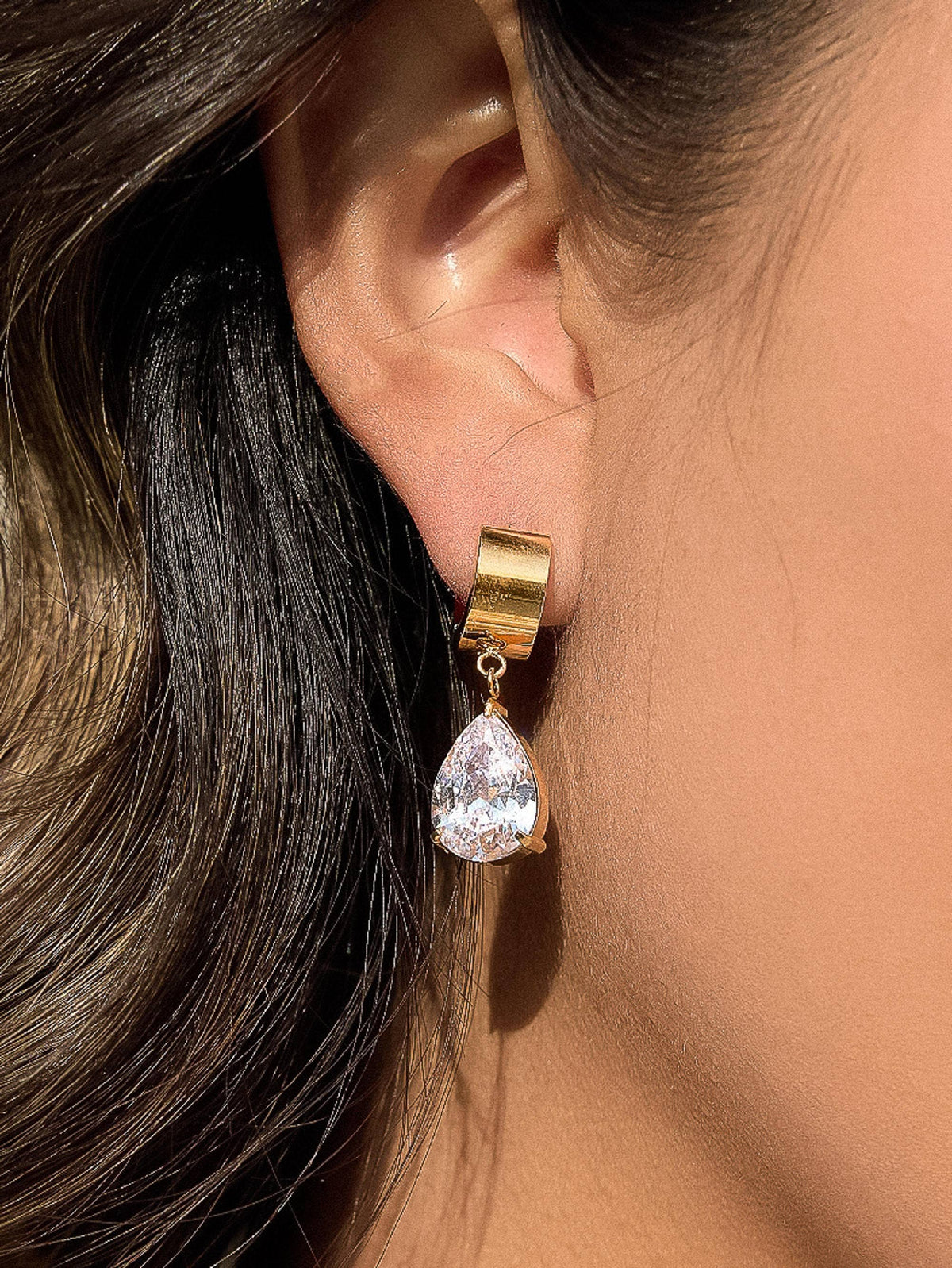Glissade 18K Gold Non-Tarnish CZ Drop Huggie Earrings