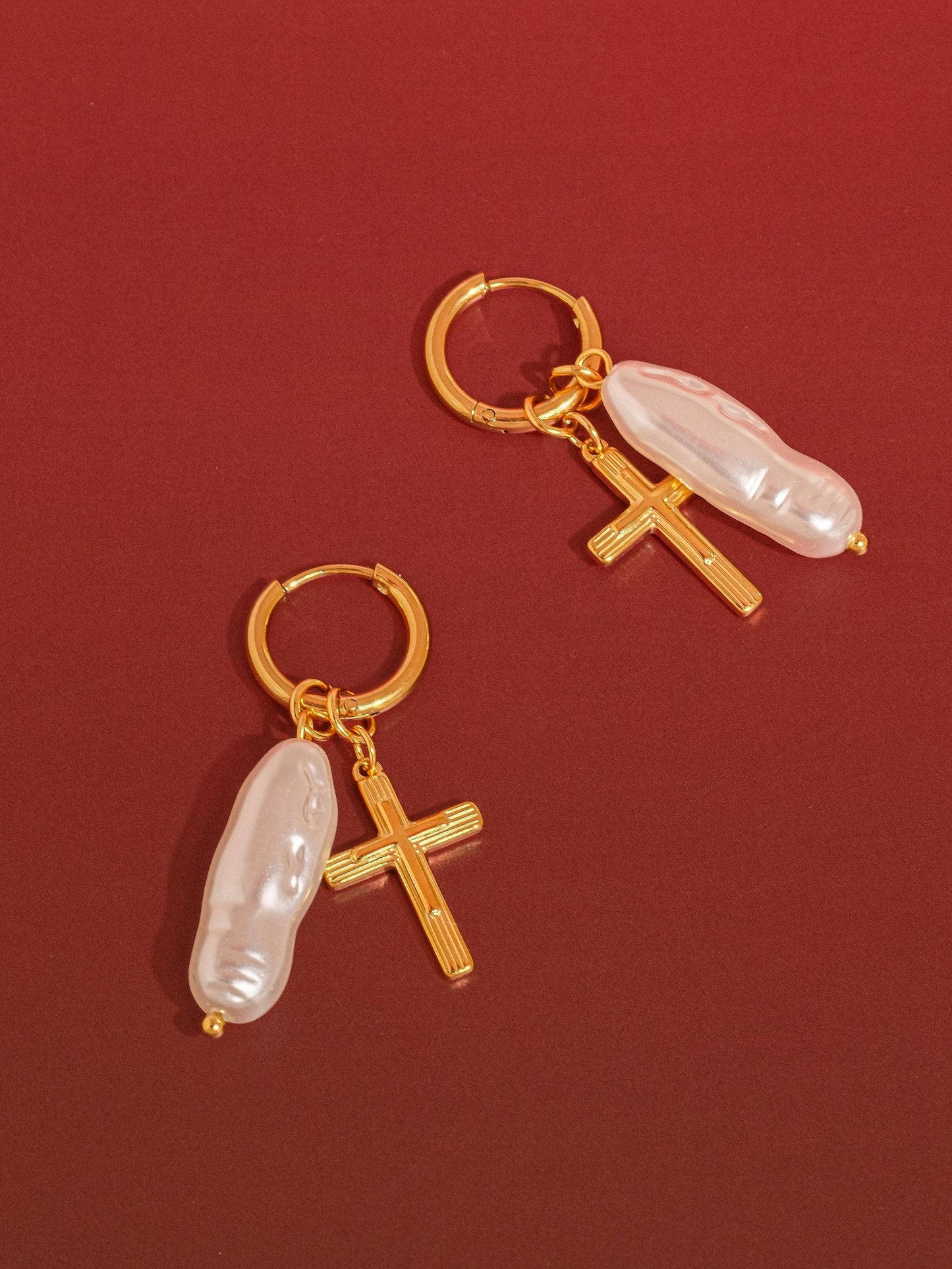 Bréline 18K Gold Non-Tarnish Cross Pearl Drop Earrings