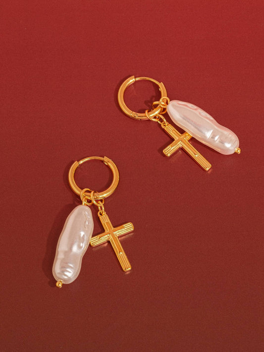 Bréline 18K Gold Non-Tarnish Cross Pearl Drop Earrings