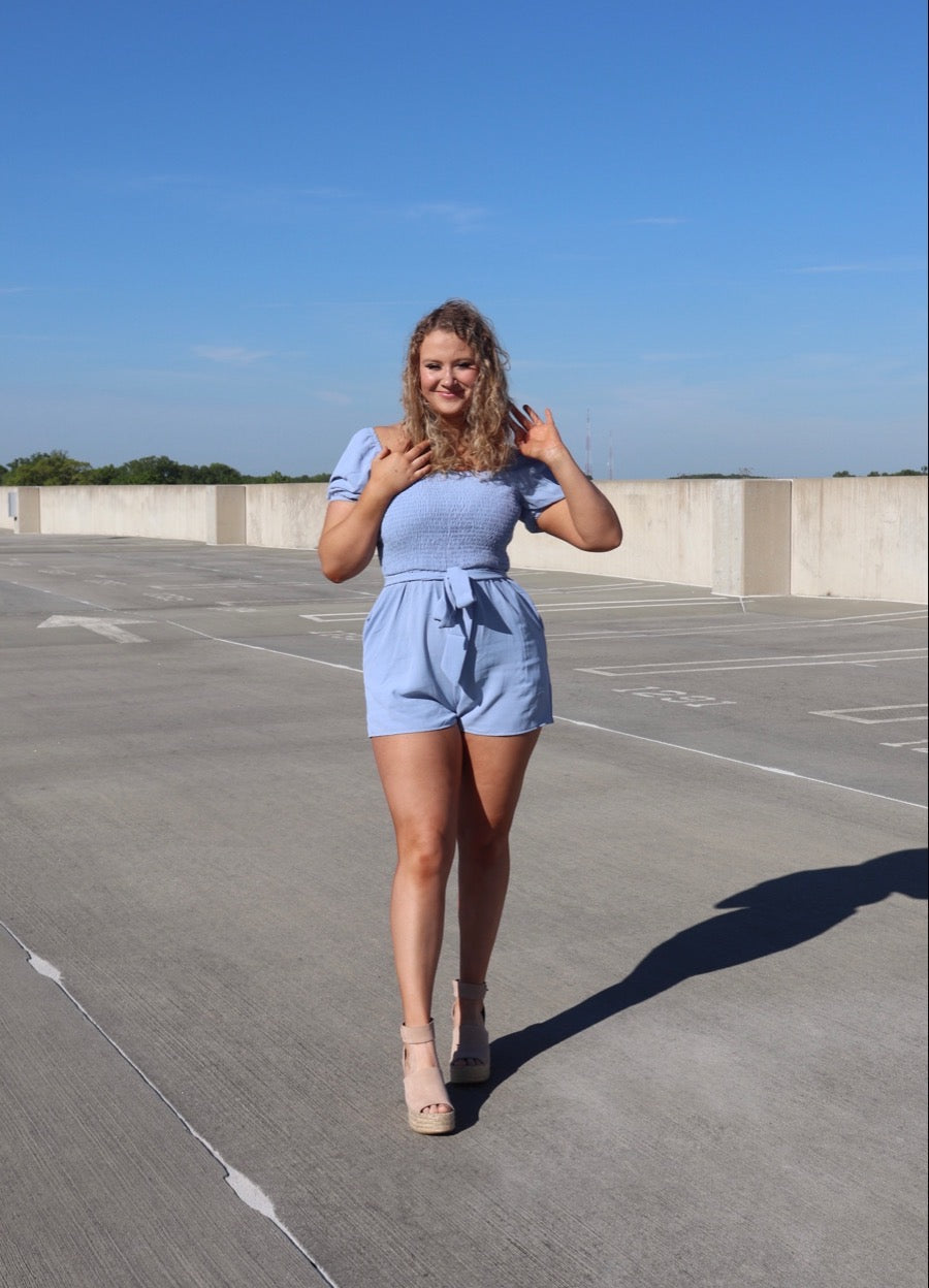 The Katlyn Romper- Smocked Square Neck Waist Tie Romper